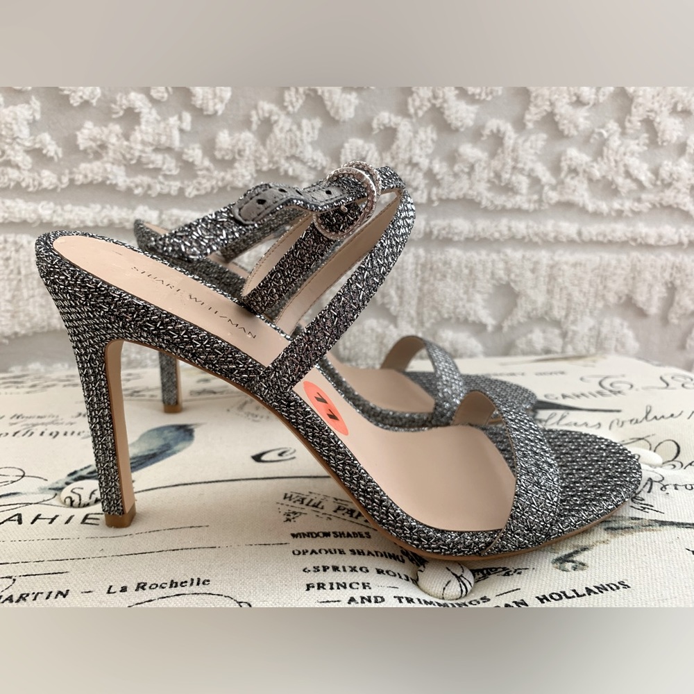 NWT Stuart Weitzman Silver Fabric Sandals w/Ankle Strap High Heels Size 11